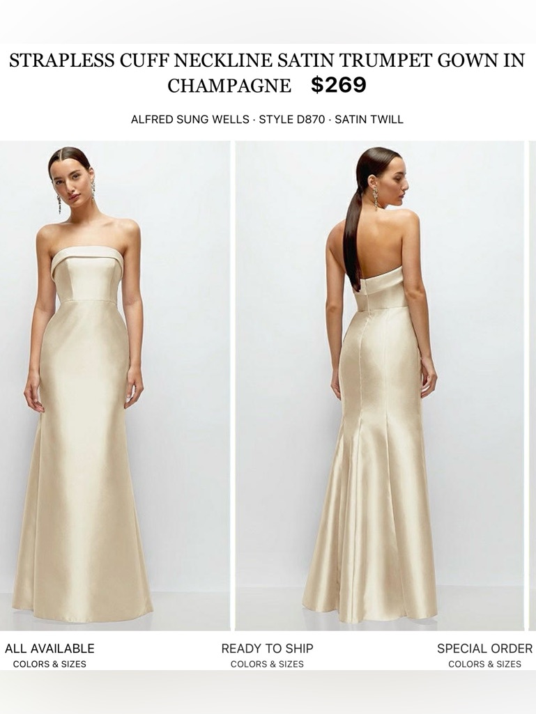 Alfred Sung Champagne Strapless Cuff Neck Satin Trumpet Gown
